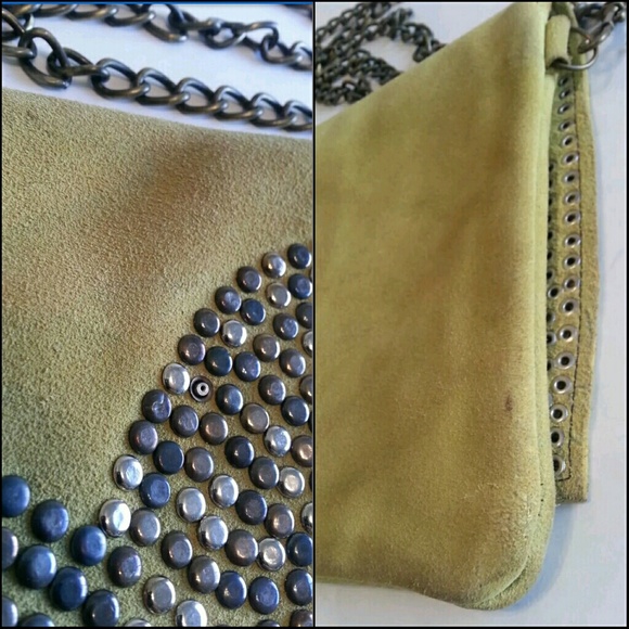 Rare Studded SUEDE Leather CLUTCH Purse Chain Bag VINTAGE BoHo Statement FALL - Picture 7 of 8